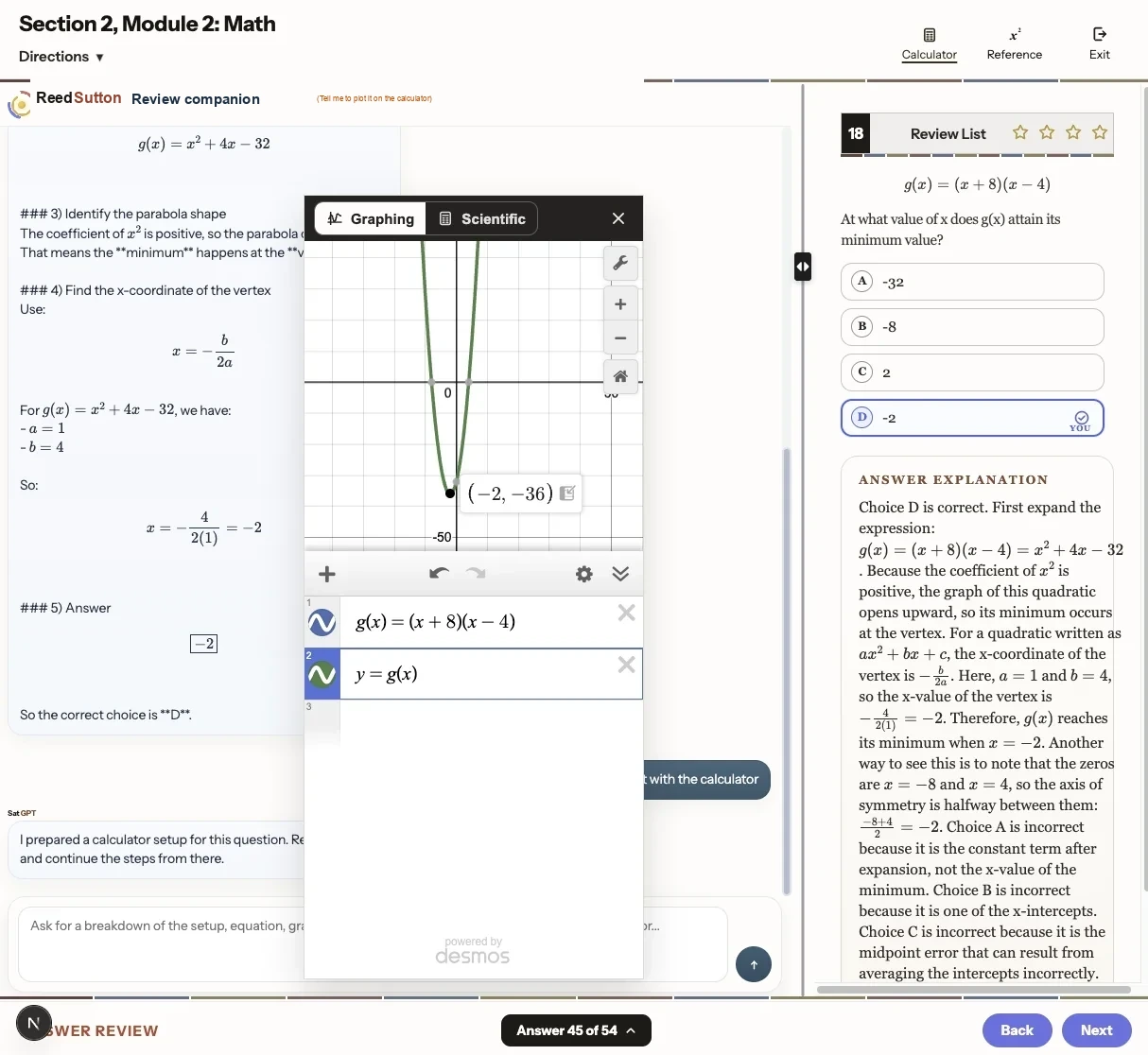 Math quiz review screen showing calculator-based graph solving