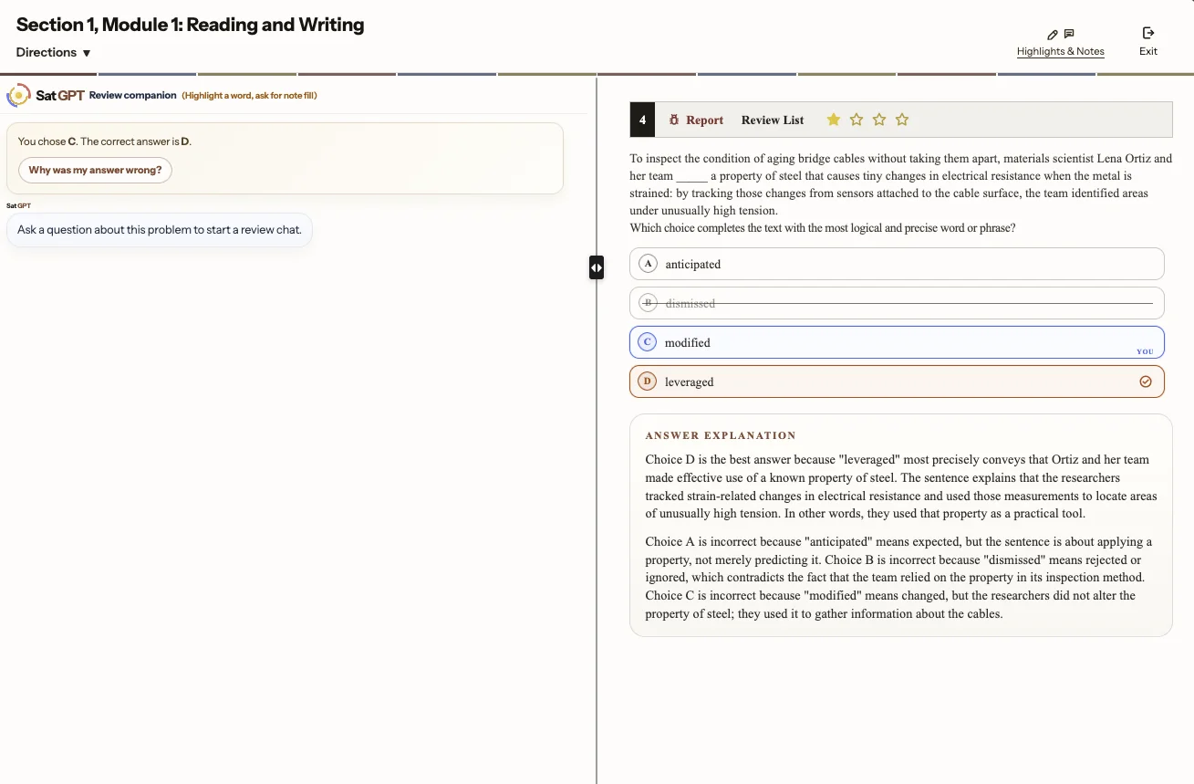 AI tutor in Reading and Writing review mode