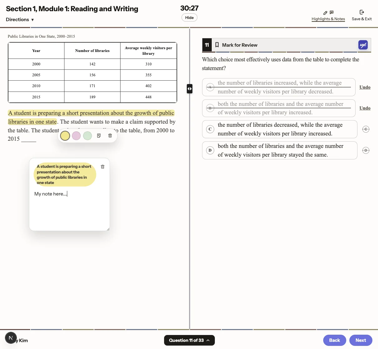 ReedSutton Digital SAT-style Reading and Writing practice section screen