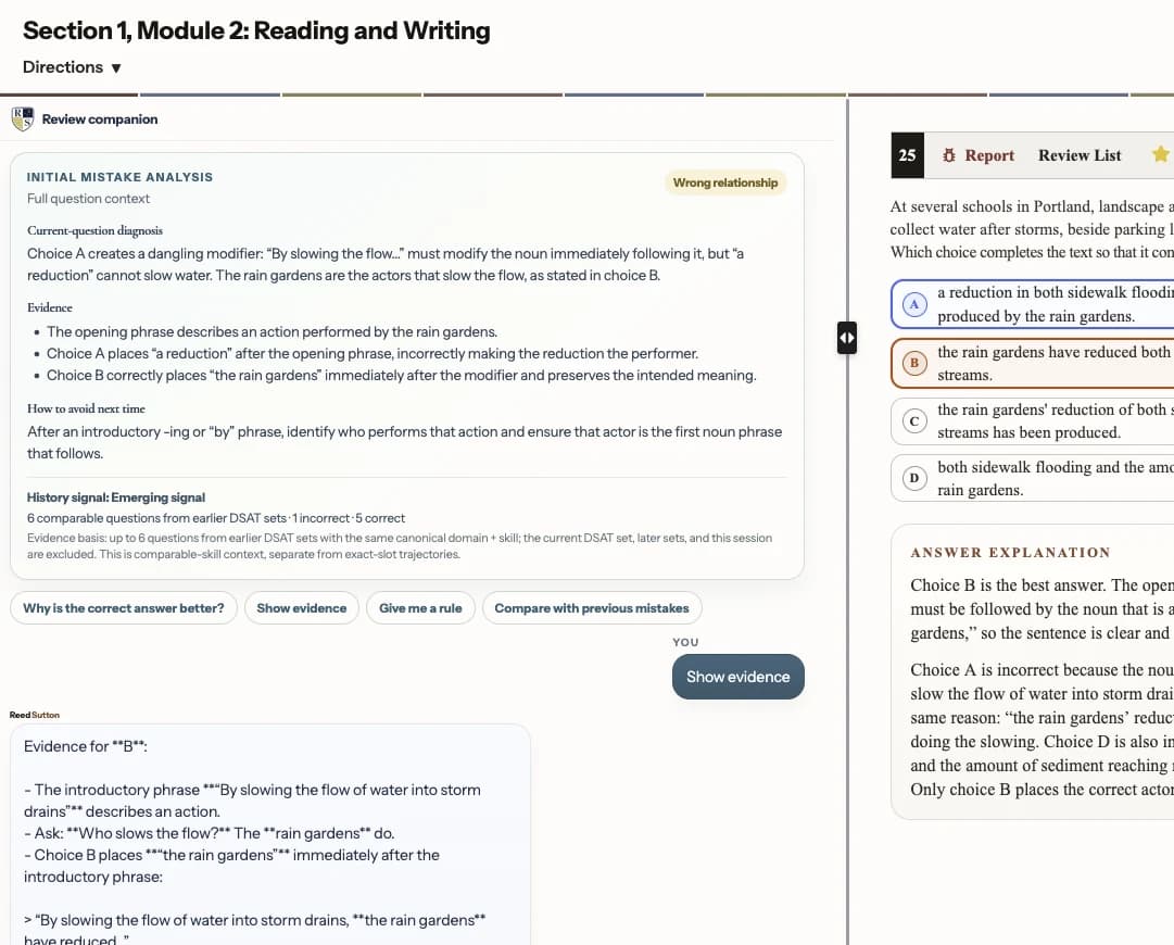 Initial Mistake Analysis showing the diagnosis, missed evidence, avoid rule, and mistake history for a wrong Digital SAT answer