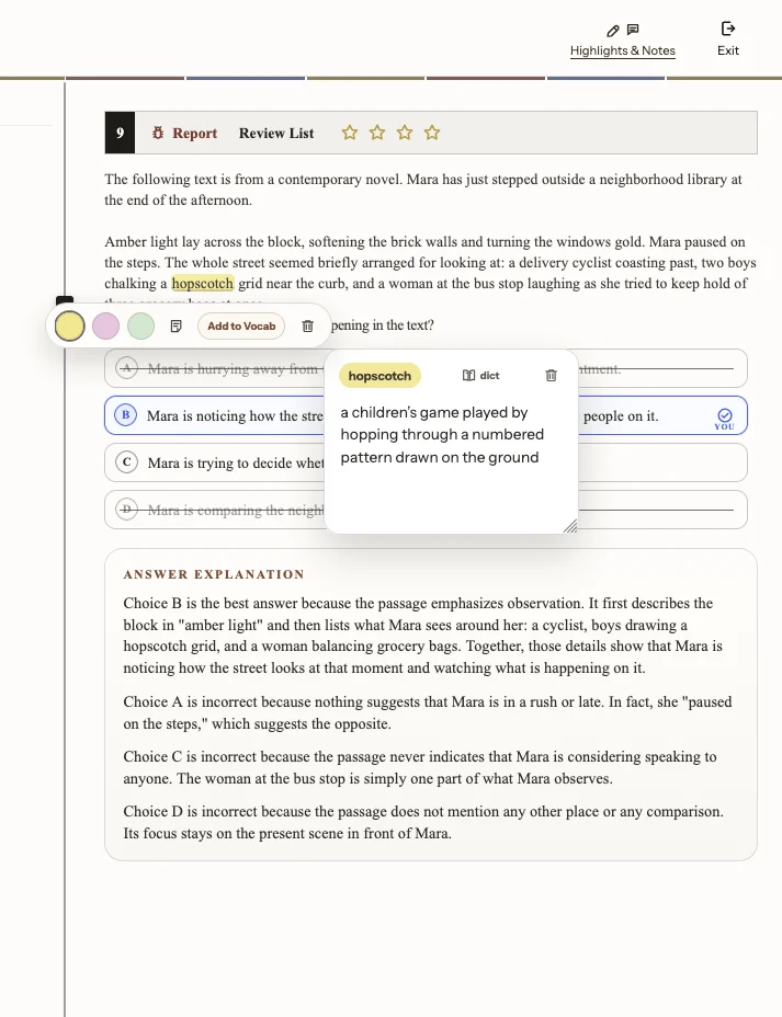 Reading and Writing review question showing a highlighted word with its dictionary definition