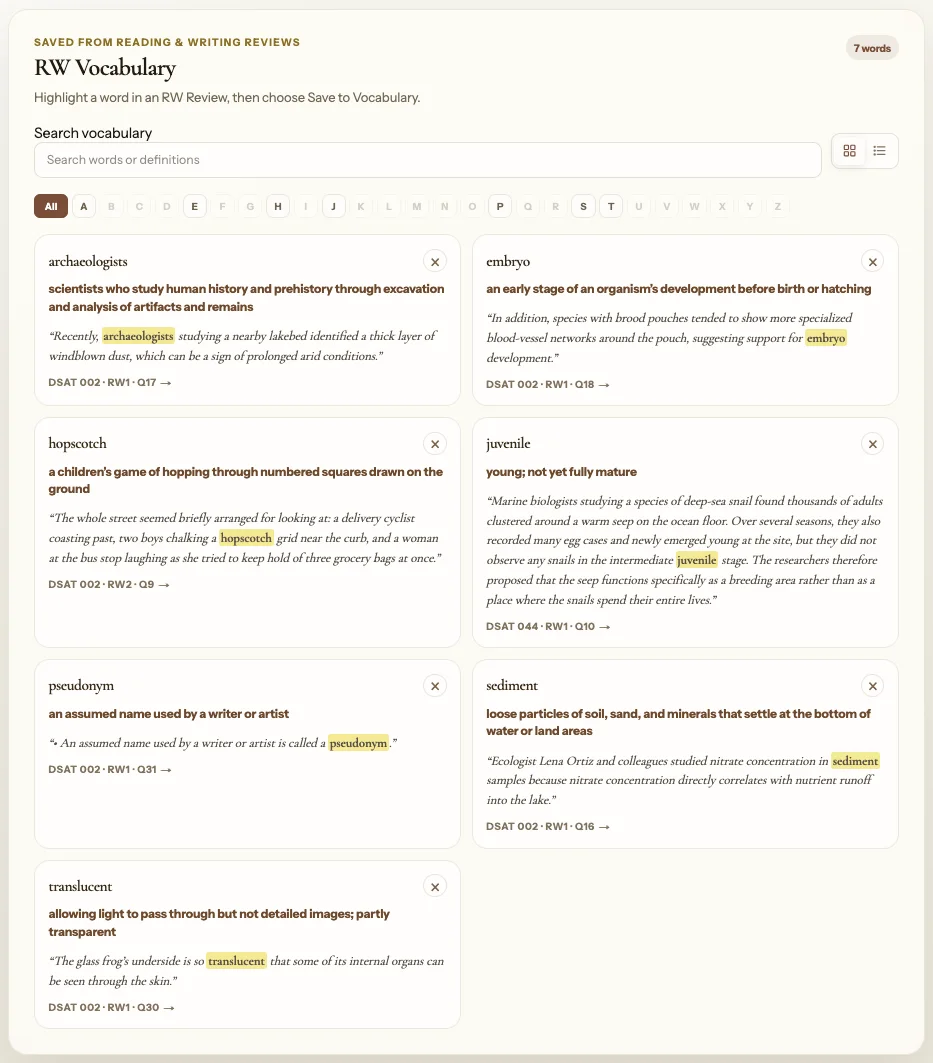 Vocabulary list showing saved words with definitions and example sentences